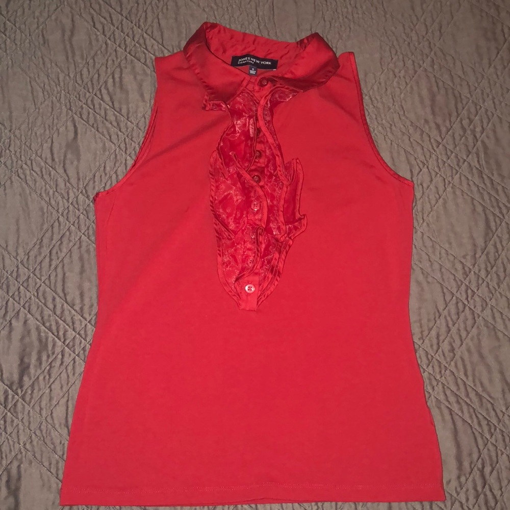 Red ruffle front sleeveless top